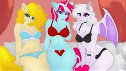 Size: 4096x2313 | Tagged: suggestive, artist:celsior majesta, ponerpics import, oc, unofficial characters only, anthro, bat pony, bat pony oc, bat wings, bikini, breasts, clothes, female, image, jpeg, panties, socks, stockings, swimsuit, thigh highs, thong, trio, trio female, underwear, wings