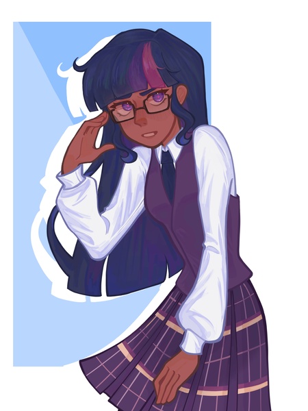 Size: 3072x4096 | Tagged: safe, artist:lunastxar, derpibooru import, twilight sparkle, human, equestria girls, g4, black skin, clothes, female, glasses, humanized, image, jpeg, necktie, shirt, simple background, skirt, solo, solo female, vest