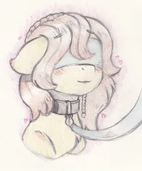 Size: 1094x1317 | Tagged: suggestive, artist:foxtrot3, derpibooru import, oc, oc:sea breeze, unofficial characters only, earth pony, pony, blindfold, blushing, braid, collar, heart, image, jpeg, leash, pet play