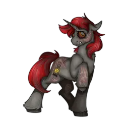 Size: 2300x2300 | Tagged: safe, alternate version, artist:molars, derpibooru import, oc, oc:willow wisp, unofficial characters only, pony, unicorn, fallout equestria, ashes town, commission, ghoul eyes, gritted teeth, horn, image, lifted foreleg, png, radiation, radiation burns, raised hoof, semi ghoul, solo, teeth, unshorn fetlocks