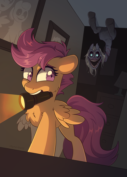 Size: 1866x2598 | Tagged: semi-grimdark, artist:skysorbett, derpibooru import, scootaloo, monster pony, pegasus, pony, g4, dark, female, filly, flashlight (object), foal, frightened, horror, image, indoors, night, pictures on the wall, png, scared, spooky