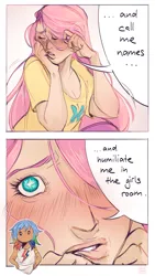 Size: 1500x2666 | Tagged: safe, artist:chimchiri, derpibooru import, fluttershy, rainbow dash, human, g4, blush lines, blushing, close-up, comic, dialogue, duo, duo female, female, female focus, femsub, flutterdash, fluttersub, hair over one eye, heart, heart eyes, humanized, image, lesbian, light skin, png, shipping, solo, solo female, solo focus, speech bubble, submissive, tan skin, wingding eyes