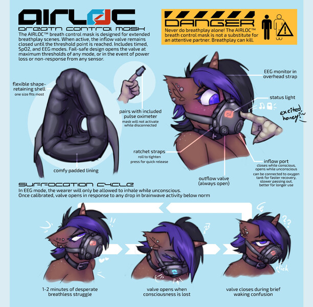 Size: 2000x1960 | Tagged: questionable, semi-grimdark, artist:krd, derpibooru import, oc, oc:fizzy forte, anthro, gryphon, unicorn, asphyxiation, breath control, breathplay, gas mask, griffon oc, horn, image, jpeg, mask, offscreen character, respirator, solo, warning