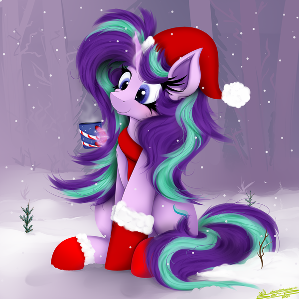 Size: 4000x4000 | Tagged: safe, artist:ser-p, derpibooru import, starlight glimmer, pony, unicorn, g4, absurd resolution, christmas, clothes, female, forest, glow, glowing horn, hat, holiday, horn, image, levitation, magic, magic aura, mare, mug, nature, outdoors, png, santa hat, scarf, smiling, snow, socks, solo, telekinesis, tree, winter