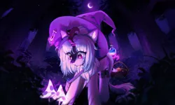 Size: 5000x2996 | Tagged: safe, artist:tyutya, derpibooru import, oc, unofficial characters only, kirin, pony, dark background, dark forest, female, forest, forest background, hat, image, kirin oc, mare, moon, mushroom, nature, outdoors, png, potion, solo, tree