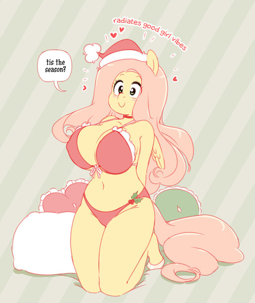 Size: 840x1000 | Tagged: suggestive, artist:miu, derpibooru import, fluttershy, anthro, pegasus, unguligrade anthro, g4, arm behind back, belly, belly button, big breasts, bra, breasts, busty fluttershy, christmas, clothes, erect nipples, female, floating heart, hat, heart, holiday, holly, huge breasts, image, jpeg, lingerie, nipple outline, panties, santa hat, smiling, solo, solo female, underwear