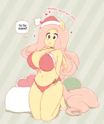 Size: 840x1000 | Tagged: suggestive, artist:miu, derpibooru import, fluttershy, anthro, pegasus, unguligrade anthro, g4, arm behind back, belly, belly button, big breasts, bra, breasts, busty fluttershy, christmas, clothes, erect nipples, female, floating heart, hat, heart, holiday, holly, huge breasts, image, jpeg, lingerie, nipple outline, panties, santa hat, smiling, solo, solo female, underwear