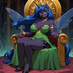 Size: 1248x1248 | Tagged: suggestive, ai content, machine learning generated, prompter:acamar, princess luna, queen chrysalis, alicorn, anthro, changeling, g4, bad end, big breasts, breasts, busty princess luna, busty queen chrysalis, clothes, dress, evil grin, female, green eyes, grin, image, implied queen chrysalis, insect wings, jpeg, sitting, smiling, solo, solo female, throne, wings