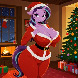 Size: 1248x1248 | Tagged: suggestive, ai content, machine learning generated, prompter:ramaca, starlight glimmer, anthro, unicorn, g4, big breasts, breasts, butt, christmas, christmas tree, clothes, costume, female, holiday, horn, house, image, jpeg, large butt, present, santa costume, smiling, snow, solo, solo female, stupid sexy starlight glimmer, tree, winter