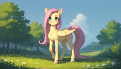 Size: 1920x1088 | Tagged: safe, ai content, generator:tponynai3, machine learning generated, prompter:truekry, fluttershy, pegasus, pony, g4, female, flower, folded wings, grass, image, looking at you, meadow, png, sky, smiling at you, solo, solo female, tree, wallpaper, wings