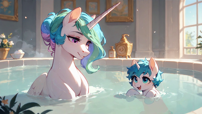 Size: 1920x1088 | Tagged: safe, ai content, generator:tponynai3, machine learning generated, prompter:truekry, princess celestia, oc, alicorn, pony, unicorn, g4, bath, bathing, bathroom, bathtub, bun hairstyle, duo, female, flower, foal, folded wings, horn, image, looking at someone, mother and child, mother and daughter, motherly, picture frame, png, water, window, wings