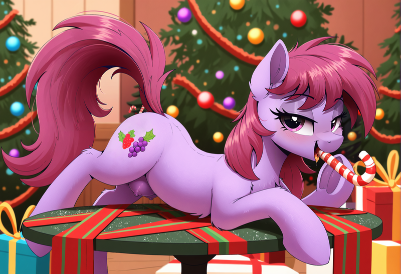 Size: 2104x1440 | Tagged: questionable, ai content, editor:havoc_covenant, generator:zoinksnoob, machine learning generated, prompter:marestare, stable diffusion, berry punch, berryshine, earth pony, pony, g4, anatomically correct, areola, bedroom eyes, berrybetes, blushing, candy, candy cane, christmas, christmas tree, crotchboobs, cute, dark crotchboobs, decoration, detailed background, drool, eating, female, food, frog (hoof), hearth's warming, holiday, hooves, image, licking, lidded eyes, looking at you, mare, nipples, nudity, on table, open mouth, open smile, png, present, raised tail, ribbon, seductive look, seductive pose, shading, smiling, smiling at you, solo, solo female, stupid sexy berry punch, table, tail, tongue out, tree, underhoof, vulva, wingding eyes