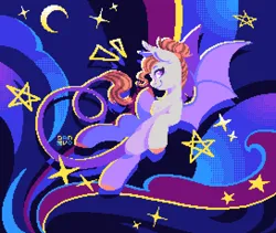 Size: 2176x1840 | Tagged: safe, artist:danvo, derpibooru import, oc, oc:alruna moonrise, unofficial characters only, bat pony, pony, abstract background, digital art, dithering, image, moon, pixel art, png, stars