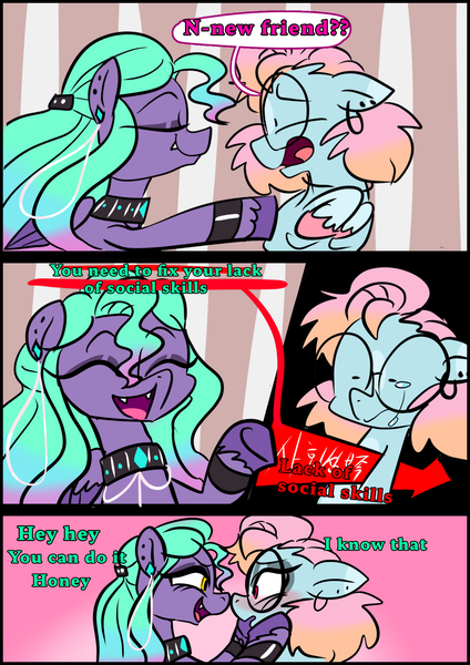 Size: 1240x1754 | Tagged: safe, artist:jully-park, derpibooru import, oc, oc:charlotte parker, oc:ella evans, earth pony, pegasus, pony, comic:how i meet my chaotic friends, blushing, comic, image, png