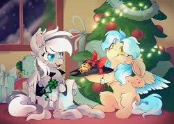 Size: 7157x5102 | Tagged: safe, artist:cutepencilcase, derpibooru import, oc, oc:lumin light, oc:silver edge, unofficial characters only, hybrid, pegasus, pony, beige coat, best friends, big ears, blue eyes, blue hair, blue mane, blue tail, blue wings, christmas, christmas decoration, christmas lights, christmas ornament, christmas tree, closed mouth, clothes, colored wings, cowboy, cowboy hat, cute, decoration, duo, eyes open, floppy ears, folded wings, gift exchange, gray coat, gray mane, gray tail, grey hair, hat, holiday, image, light blue hair, light blue mane, light blue tail, light blue wings, looking at each other, looking at someone, male, multicolored coat, multicolored eyes, multicolored hair, multicolored mane, multicolored tail, multicolored wings, name tag, open mouth, pegabat, pegasus oc, png, present, sheriff, sheriff badge, sheriff's badge, sitting, slight smile, smiling, smiling at each other, spread wings, stallion, starry eyes, tail, teeth, tree, uniform, white hair, white mane, white tail, white wings, wholesome, window, wingding eyes, wings, wonderbolts uniform, yellow eyes