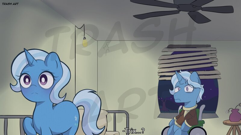 Size: 2048x1152 | Tagged: safe, artist:eltrash_art6, derpibooru import, jack pot, trixie, pony, unicorn, g4, bed, bojack horseman, ceiling fan, clothes, commission, dementia, duo, duo male and female, fan, father and child, father and daughter, female, fridge horror, horn, image, jpeg, male, mare, night, parody, sad, shirt, spoilers for another series, stallion, the implications are horrible, watermark, wheelchair