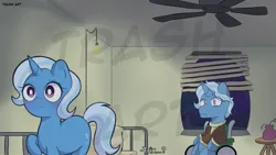 Size: 2048x1152 | Tagged: safe, artist:eltrash_art6, derpibooru import, jack pot, trixie, pony, unicorn, g4, bed, bojack horseman, ceiling fan, clothes, commission, dementia, duo, duo male and female, fan, father and child, father and daughter, female, fridge horror, horn, image, jpeg, male, mare, night, parody, sad, shirt, spoilers for another series, stallion, the implications are horrible, watermark, wheelchair