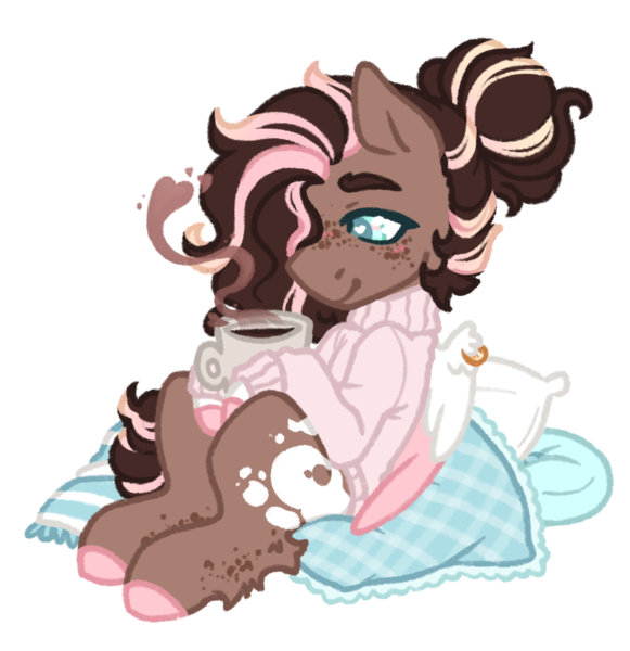 Size: 969x1000 | Tagged: safe, artist:kazmuun, derpibooru import, oc, oc:coffee swirl, unofficial characters only, pegasus, pony, blue eyelashes, blue eyes, blush lines, blushing, brown coat, clothes, coat markings, coffee, coffee mug, colored, colored eyebrows, colored eyelashes, colored hooves, colored lineart, colored wings, colored wingtips, commission, cushion, drink, femboy, feminine stallion, flat colors, freckles, heart, heart eyes, hooves, image, leg fluff, leg freckles, leg markings, male, male oc, mug, pegasus oc, piercing, pillow, pink hooves, pink sweater, png, ponytail, profile, signature, simple background, sitting, smiling, solo, splotches, stallion, stallion oc, striped mane, striped tail, sweater, tail, tied mane, trans male, transgender, transgender oc, transparent background, turtleneck, turtleneck sweater, two toned mane, two toned tail, two toned wings, white pupils, white wings, wing fluff, wing piercing, wingding eyes, wings, ych result