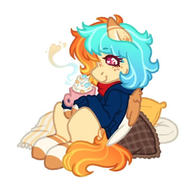 Size: 1042x1000 | Tagged: safe, artist:kazmuun, derpibooru import, oc, oc:caprisun fishes, unofficial characters only, pegasus, pony, bandana, blue hoodie, blush lines, blushing, chocolate, clothes, coat markings, coffee mug, colored, colored eartips, colored eyelashes, colored hooves, colored lineart, colored pinnae, colored wings, colored wingtips, commission, cream coat, cushion, drink, ear freckles, ear markings, eye clipping through hair, eyebrows, eyebrows visible through hair, facial markings, female, female oc, flat colors, food, freckles, gradient mane, gradient tail, heart, heart eyes, hoodie, hooves, hot chocolate, image, leg stripes, magenta eyelashes, magenta eyes, mare, mare oc, mug, neckerchief, orange hooves, orange mane, orange tail, orange wings, pegasus oc, pillow, pink eyes, png, profile, signature, simple background, sitting, smiling, socks (coat marking), solo, stirped tail, striped mane, stripes, sweater, tail, transparent background, two toned wings, white pupils, white wingtips, wingding eyes, wings, ych result, yellow coat