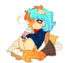 Size: 1042x1000 | Tagged: safe, artist:kazmuun, derpibooru import, oc, oc:caprisun fishes, unofficial characters only, pegasus, pony, bandana, blue hoodie, blush lines, blushing, chocolate, clothes, coat markings, coffee mug, colored, colored eartips, colored eyelashes, colored hooves, colored lineart, colored pinnae, colored wings, colored wingtips, commission, cream coat, cushion, drink, ear freckles, ear markings, eye clipping through hair, eyebrows, eyebrows visible through hair, facial markings, female, female oc, flat colors, food, freckles, gradient mane, gradient tail, heart, heart eyes, hoodie, hooves, hot chocolate, image, leg stripes, magenta eyelashes, magenta eyes, mare, mare oc, mug, neckerchief, orange hooves, orange mane, orange tail, orange wings, pegasus oc, pillow, pink eyes, png, profile, signature, simple background, sitting, smiling, socks (coat marking), solo, stirped tail, striped mane, stripes, sweater, tail, transparent background, two toned wings, white pupils, white wingtips, wingding eyes, wings, ych result, yellow coat