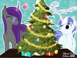 Size: 2880x2160 | Tagged: safe, artist:etheria galaxia, derpibooru import, oc, oc:etheria galaxia, oc:scratch wub, unofficial characters only, alicorn, pony, unicorn, alicorn oc, christmas, christmas tree, curved horn, duo, eyes closed, female, glasses, holiday, horn, image, male, mare, png, ship:scratchtheria, stallion, tree, unicorn oc, watermark, wings