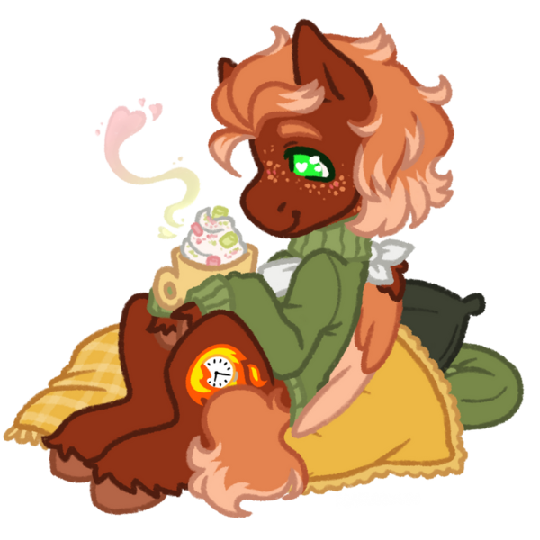 Size: 900x900 | Tagged: safe, artist:kazmuun, derpibooru import, oc, oc:golden flare, unofficial characters only, pegasus, pony, bandage, bandaged, bandaged wing, broken wing, cast, chocolate, clothes, coffee mug, colored, colored eyebrows, colored eyelashes, colored hooves, colored lineart, colored wings, colored wingtips, commission, cushion, drink, flat colors, folded wings, food, freckles, green eyelashes, green eyes, green sweater, heart, heart eyes, hooves, hot chocolate, image, injured wing, marshmallow, mug, nonbinary, nonbinary oc, orange mane, orange tail, pegasus oc, pillow, pink wingtips, png, profile, red coat, red hooves, signature, simple background, sitting, smiling, solo, sweater, tail, three toned wings, transparent background, turtleneck, turtleneck sweater, two toned mane, two toned tail, unshorn fetlocks, wingding eyes, wings, ych result