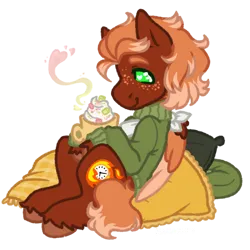 Size: 900x900 | Tagged: safe, artist:kazmuun, derpibooru import, oc, oc:golden flare, unofficial characters only, pegasus, pony, bandage, bandaged, bandaged wing, broken wing, cast, chocolate, clothes, coffee mug, colored, colored eyebrows, colored eyelashes, colored hooves, colored lineart, colored wings, colored wingtips, commission, cushion, drink, flat colors, folded wings, food, freckles, green eyelashes, green eyes, green sweater, heart, heart eyes, hooves, hot chocolate, image, injured wing, marshmallow, mug, nonbinary, nonbinary oc, orange mane, orange tail, pegasus oc, pillow, pink wingtips, png, profile, red coat, red hooves, signature, simple background, sitting, smiling, solo, sweater, tail, three toned wings, transparent background, turtleneck, turtleneck sweater, two toned mane, two toned tail, unshorn fetlocks, wingding eyes, wings, ych result