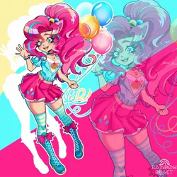 Size: 2048x2048 | Tagged: safe, artist:rainbowbeastart, derpibooru import, pinkie pie, human, g4, balloon, belt, blushing, boots, bow, bracelet, breasts, choker, cleavage, clothes, eared humanization, female, high res, humanized, image, jewelry, jpeg, looking at you, multicolored background, necklace, open mouth, ponytail, screentone, shoes, skirt, smiling, smiling at you, socks, solo, stockings, striped hair, thigh highs, watermark, zettai ryouiki