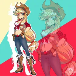 Size: 2048x2048 | Tagged: safe, artist:rainbowbeastart, derpibooru import, applejack, human, g4, applejack's hat, belly, belly button, belt, boots, breasts, cleavage, clothes, cowboy hat, denim, eared humanization, female, fingerless gloves, front knot midriff, gloves, hat, high res, humanized, image, jeans, jpeg, looking at you, midriff, multicolored background, one eye closed, pants, screentone, shoes, smiling, smiling at you, solo, tied hair, watermark, wink, winking at you