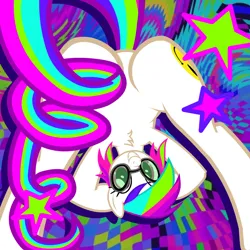 Size: 1000x1000 | Tagged: safe, artist:trimpsy, derpibooru import, oc, oc:molly, unofficial characters only, earth pony, pony, acid, ass up, butt, chest fluff, drugs, face down ass up, featureless crotch, female, glasses, image, implied drugs, looking at you, lsd, mare, plot, png, psychedelic, silly, silly pony, smiling, solo, stars, trippy