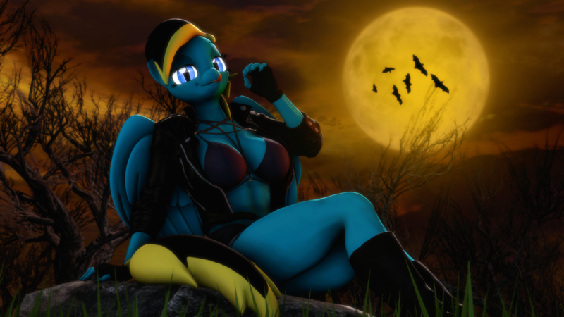 Size: 3840x2160 | Tagged: suggestive, artist:dawnyr, artist:dawnyrs, derpibooru import, oc, oc:r63dawny, anthro, pegasus, 3d, black and yellow, blood moon, blue body, blue eyes, bra, clothes, female, halloween, holiday, image, legs, moon, png, sexy, solo, straps, toned, toned female, tongue out, underwear