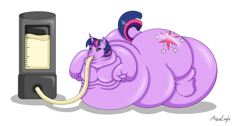 Size: 3001x1621 | Tagged: questionable, artist:aquaeagle, derpibooru import, twilight sparkle, pony, unicorn, g4, abdominal bulge, belly, bhm, big belly, big breasts, bingo wings, blob, blue mane, breasts, butt, chubby, chubby cheeks, double chin, fat, fat boobs, fat fetish, feeding, feeding tube, female, females only, fetish, food, force feeding, horn, hose, huge belly, huge butt, image, immobile, impossibly large belly, large butt, lying down, moobs, morbidly obese, neck roll, obese, overweight, png, purple body, purple coat, purple eyes, purple fur, simple background, solo, solo female, stretched cutie mark, striped mane, striped tail, stuffed, stuffing, tail, unicorn twilight, vat, weight gain, white background