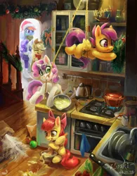 Size: 5000x6400 | Tagged: safe, artist:flvski, derpibooru import, apple bloom, applejack, rainbow dash, rarity, scootaloo, sweetie belle, earth pony, pegasus, pony, unicorn, g4, cooking, cutie mark crusaders, eyes closed, female, filly, hearth's warming, hearth's warming eve, horn, image, laughing, mare, png, stove, tongue out, worried