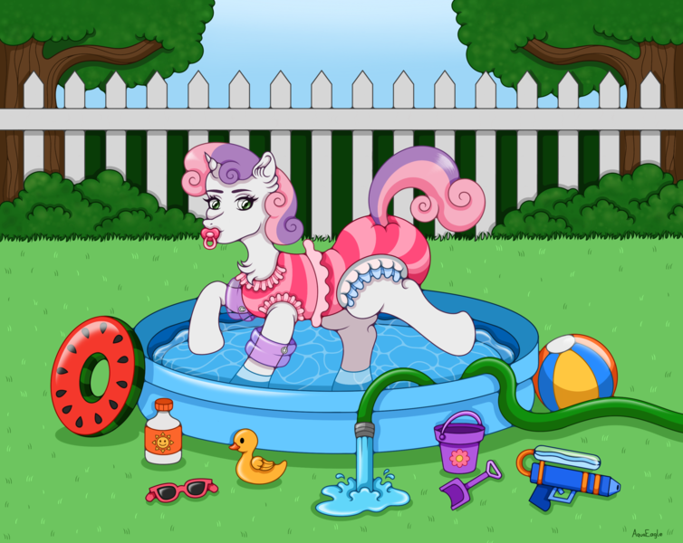 Size: 2700x2149 | Tagged: safe, artist:aquaeagle, derpibooru import, sweetie belle, pony, unicorn, g4, abdl, armband, background, beach ball, blue sky, bucket, bush, clean diaper, clothes, diaper, diaper bulge, diaper butt, diaper fetish, diaper under clothes, diapered, female, fence, fetish, filly, foal, frills, frilly, frilly diaper, frilly underwear, grass, green eyes, horn, hose, image, inflatable, multicolored hair, multicolored mane, non-baby in diaper, one-piece swimsuit, pacifier, pink hair, pink mane, pink swimsuit, pink tail, playing, png, pool toy, purple hair, purple mane, purple tail, rubber duck, shovel, sky, solo, solo female, solo focus, spade, striped mane, striped swimsuit, striped tail, sunglasses, sunscreen, swimming, swimming pool, swimsuit, tail, tail hole, tree, underwear, water, watergun, white body, white coat, white diaper, white fur