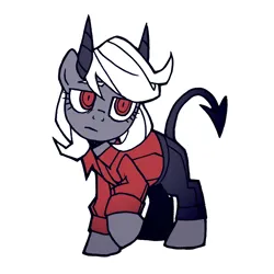 Size: 1440x1440 | Tagged: safe, ai content, anonymous prompter, machine learning generated, stable diffusion, demon, demon pony, earth pony, original species, pony, black pants, clothes, female, full body, grey fur, helltaker, hooves, horns, image, parody, png, red eyes, red shirt, simple background, solo, spade tail, white background, white hair