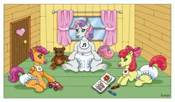 Size: 3487x2031 | Tagged: safe, derpibooru import, apple bloom, scootaloo, sweetie belle, earth pony, pegasus, pony, unicorn, g4, abdl, age regression, bib, clean diaper, clubhouse, coloring book, crayon, crayon drawing, crusaders clubhouse, curtains, cutie mark crusaders, diaper, diaper bulge, diaper butt, diaper fetish, diapered, door, eyelashes, female, female focus, females only, fetish, filly, foal, horn, image, jpeg, multicolored hair, multicolored mane, multiple characters, non-baby in diaper, orange body, orange coat, orange fur, pacifier, pampers, pink hair, pink mane, pink tail, play date, playing, plushie, purple eyes, purple hair, purple mane, purple tail, solo focus, striped hair, tail, teddy bear, toy, toy car, traditional art, white body, white coat, white diaper, white fur, window, wings, wooden floor, wooden walls, yellow body, yellow coat, yellow eyes, yellow fur, younger