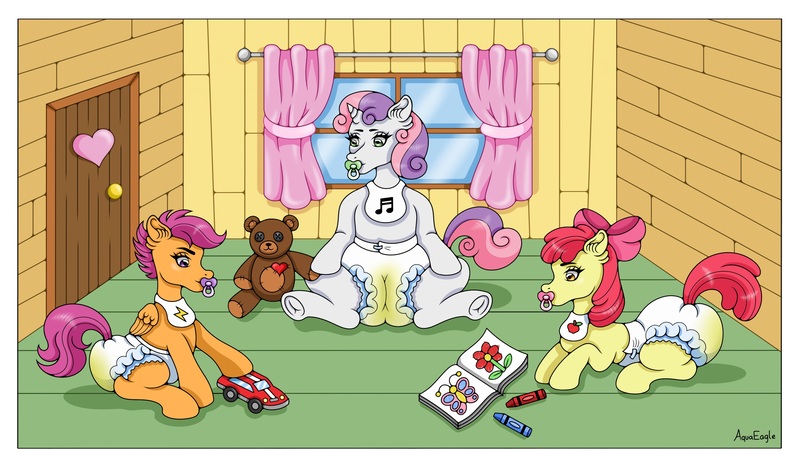 Size: 3487x2031 | Tagged: questionable, derpibooru import, apple bloom, scootaloo, sweetie belle, earth pony, pegasus, pony, unicorn, g4, abdl, age regression, bib, clubhouse, coloring book, crayon, crayon drawing, crusaders clubhouse, curtains, cutie mark crusaders, diaper, diaper bulge, diaper butt, diaper fetish, diapered, door, eyelashes, female, female focus, females only, fetish, filly, foal, horn, image, jpeg, multicolored hair, multicolored mane, multiple characters, non-baby in diaper, orange body, orange coat, orange fur, pacifier, pampers, pink hair, pink mane, pink tail, pissing, play date, playing, plushie, purple eyes, purple hair, purple mane, purple tail, solo focus, striped hair, tail, teddy bear, toy, toy car, traditional art, urine, watersports, wet diaper, wetting, wetting diaper, white body, white coat, white diaper, white fur, window, wings, wooden floor, wooden walls, yellow body, yellow coat, yellow eyes, yellow fur, younger