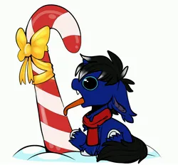 Size: 3650x3394 | Tagged: safe, artist:diethtwoo, derpibooru import, oc, oc:night reader, bat pony, hybrid, unicorn, bat pony oc, bat wings, bow, candy, candy cane, clothes, commission, fangs, food, horn, hybrid oc, image, jpeg, scarf, silly, tongue out, tongue stuck, tongue stuck to pole, unicorn oc, wings, ych result