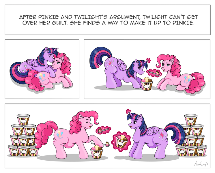 Size: 3531x2844 | Tagged: suggestive, artist:aquaeagle, derpibooru import, pinkie pie, twilight sparkle, twilight sparkle (alicorn), alicorn, earth pony, pony, g4, 4 panel comic, abdominal bulge, before and after, belly, belly expansion, bent over, bhm, big belly, blue eyes, chubby, chubby female, comic, cuddling, curly hair, curly mane, curly tail, dialogue, double chin, expansion, eyes closed, fat, feedee, feeder, feederism, feeding, female, females only, fetish, final page, food, food baby, foodplay, forehead kiss, glow, glowing horn, growth, happy, horn, huge belly, ice cream, image, kissing, large belly, leaning forward, lesbian, lying down, magic, neopolitan, obese, open mouth, overweight, part 1, piggy pie, pink body, pink coat, pink fur, pink hair, pink mane, pink tail, png, pudgy pie, request, requested art, requests, sequence, shipping, side, simple background, smiling, spoon, spooning, stuffed, stuffed belly, stuffing, tail, telekinesis, text, transformation, twinkie, weight gain, weight gain sequence, white background, wings