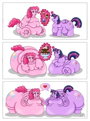 Size: 2601x3494 | Tagged: suggestive, artist:aquaeagle, derpibooru import, pinkie pie, twilight sparkle, twilight sparkle (alicorn), alicorn, earth pony, pony, g4, 3 panel comic, abdominal bulge, ass, before and after, belly, belly bed, belly expansion, bent over, bhm, big belly, big breasts, blob, blue eyes, breasts, butt, cherry, chubby, chubby female, comic, cuddling, curly hair, curly mane, curly tail, double chin, expansion, eyes closed, fat, fat ass, fat boobs, fat rolls, feedee, feeder, feederism, feeding, female, females only, fetish, final page, food, food baby, foodplay, forehead kiss, glow, glowing horn, growth, happy, heart, horn, huge belly, huge butt, ice cream, image, immobile, impossibly large belly, impossibly large butt, kissing, large belly, large butt, leaning forward, lesbian, lying down, magic, moobs, morbidly obese, neck roll, neopolitan, obese, open mouth, overweight, part 2, piggy pie, pink body, pink coat, pink fur, pink hair, pink mane, pink tail, png, pudgy pie, request, requested art, requests, sequence, shipping, side, simple background, sitting, smiling, speech bubble, spoon, spooning, stretched cutie mark, stuffed, stuffed belly, stuffing, tail, telekinesis, too fat, transformation, twinkie, weight gain, weight gain sequence, white background, wings