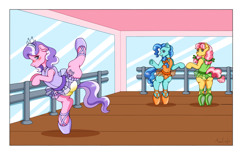 Size: 2031x1301 | Tagged: questionable, artist:aquaeagle, derpibooru import, diamond tiara, kettle corn, petunia paleo, pony, g4, abdl, background, background pony, ballerina, ballet, ballet slippers, ballet studio, blue body, blue coat, blue eyes, blue fur, bodysuit, bow, bully, bullying, clothes, crotch shot, crown, dancing, diaper, diaper bulge, diaper butt, diaper fetish, diaper under clothes, diapered, embarrassed, exposure, eyelashes, female, females only, fetish, filly, flexible, foal, forced exposure, green leotard, grin, high res, humiliation, image, indoors, jewelry, laughing, legs in air, leotard, mirror, multicolored hair, multicolored mane, multiple characters, non-baby in diaper, orange body, orange coat, orange fur, orange leotard, pampers, pink body, pink coat, pink fur, pissing, png, pointing, public, public exposure, public humiliation, purple eyes, purple hair, purple leotard, purple main, purple tail, regalia, ribbon, shy, smiling, splits, spread legs, spreading, standing, standing on one leg, standing on two hooves, striped hair, striped mane, striped tail, tail, tiara, tutu, tutus, urine, voyeur, voyeurism, watching, watersports, wet, wet diaper, wetting, white diaper, white hair, white mane, white tail, wooden floor