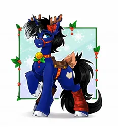 Size: 1900x2048 | Tagged: safe, artist:buvanybu, derpibooru import, oc, oc:night reader, bat pony, deer, hybrid, reindeer, unicorn, bat pony oc, bat wings, bell, bell collar, christmas, collar, commission, holiday, horn, horns, hybrid oc, image, jpeg, saddle, tack, unicorn oc, wings, ych result