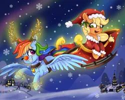 Size: 2048x1641 | Tagged: safe, artist:galaxy swirl, derpibooru import, applejack, rainbow dash, earth pony, pegasus, pony, g4, animal costume, antlers, christmas, clothes, costume, cute, duo, female, flying, grin, hat, holiday, image, jpeg, looking at each other, looking at someone, mare, my little pony, night, one eye closed, open mouth, reindeer antlers, reindeer costume, santa costume, santa hat, sleigh, smiling, snow, snowfall, spread wings, wings, wink