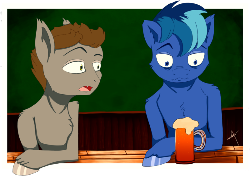 Size: 6879x4880 | Tagged: safe, artist:bluishdraft, derpibooru import, oc, oc:blueprint, oc:devin, unofficial characters only, bat pony, pegasus, pony, alcohol, beer, crossover, duo, duo male, image, male, meme, passepartout, png, simple background, simple shading, sitting, stallion, tintin, wingless