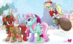 Size: 2773x1668 | Tagged: safe, artist:czscribbles, derpibooru import, derpy hooves, minty, oc, deer, earth pony, pegasus, pony, reindeer, g3, g4, :p, antlers, bell, bell collar, candy, candy cane, christmas, christmas lights, clothes, collar, costume, earth pony oc, eye clipping through hair, fake antlers, female, flying, food, hat, holiday, holly, image, looking at you, mare, mismatched socks, open mouth, open smile, outdoors, png, ponyville, present, red nose, reindeer antlers, santa costume, santa hat, santa sack, smiling, snow, socks, spread wings, tongue out, trio, watermark, wings