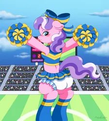 Size: 2019x2247 | Tagged: suggestive, artist:aquaeagle, derpibooru import, diamond tiara, pony, g4, abdl, accidental exposure, accidental flashing, ass, background, background pony, bipedal, blue sky, blushing, bow, bra, butt, camera flashes, cheering, cheerleader, cheerleader outfit, clean diaper, clothes, cloud, crop top bra, crotch shot, crowd, crown, dancing, diaper, diaper butt, diaper fetish, diaper under clothes, diapered, ear fluff, embarrassed, embarrassed underwear exposure, exposure, eyelashes, female, female focus, females only, fetish, flashing, football field, frills, frilly, frilly diaper, frilly underwear, from behind, grass, hair bow, humiliation, image, jewelry, large butt, looking down, miniskirt, multicolored hair, multicolored mane, non-baby in diaper, padded, pampers, performance, pink body, pink coat, pink fur, png, pom pom, public, public humiliation, purple hair, purple mane, purple tail, rear view, regalia, revealing clothing, scoreboard, short shirt, skirt, sky, solo, solo female, solo focus, stadium, standing, standing on two hooves, striped mane, striped tail, tail, tiara, underwear, uniform, uniform fetish, upskirt, voyeur, voyeurism, watching, white diaper, white hair, white mane, white tail