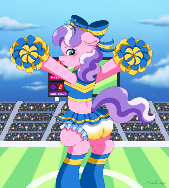 Size: 2019x2247 | Tagged: questionable, artist:aquaeagle, derpibooru import, diamond tiara, pony, g4, abdl, accidental exposure, accidental flashing, ass, background, background pony, bipedal, blue sky, blushing, bow, bra, butt, camera flashes, cheering, cheerleader, cheerleader outfit, clothes, cloud, crop top bra, crotch shot, crowd, crown, dancing, diaper, diaper butt, diaper fetish, diaper under clothes, diapered, ear fluff, embarrassed, embarrassed underwear exposure, exposure, eyelashes, female, female focus, females only, fetish, flashing, football field, frills, frilly, frilly diaper, frilly underwear, from behind, grass, hair bow, humiliation, image, jewelry, large butt, looking down, miniskirt, multicolored hair, multicolored mane, non-baby in diaper, padded, pampers, performance, pink body, pink coat, pink fur, pissing, png, pom pom, public, public humiliation, purple hair, purple mane, purple tail, rear view, regalia, revealing clothing, scoreboard, short shirt, skirt, sky, solo, solo female, solo focus, stadium, standing, standing on two hooves, striped mane, striped tail, tail, tiara, underwear, uniform, uniform fetish, upskirt, urine, voyeur, voyeurism, watching, watersports, wet, wet diaper, wetting, white diaper, white hair, white mane, white tail