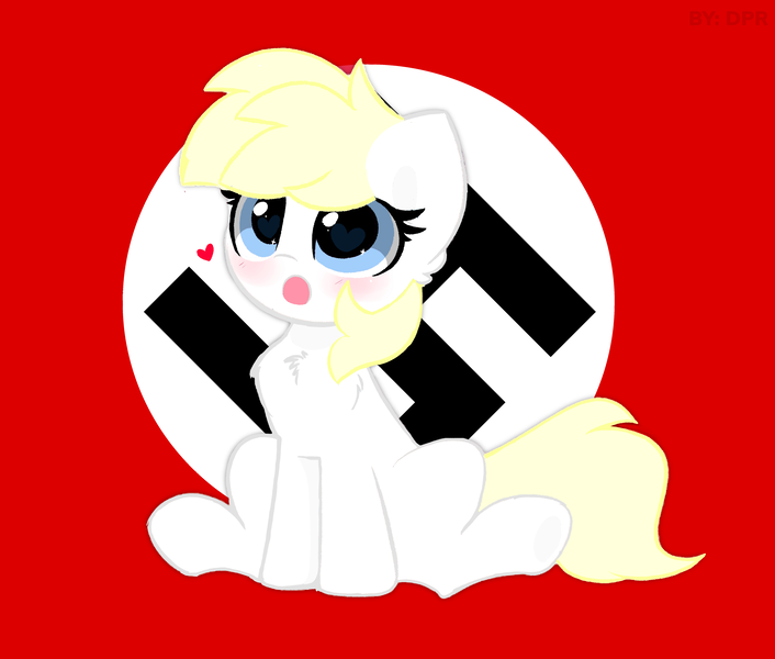 Size: 5256x4464 | Tagged: safe, artist:kittyrosie, edit, editor:dpr, ponerpics import, oc, oc:aryanne, unofficial characters only, pony, aryan pony, blush sticker, blushing, female, image, mare, mlpol, nazi, nazi flag, nazipone, open mouth, png, sititng, smiling, swastika