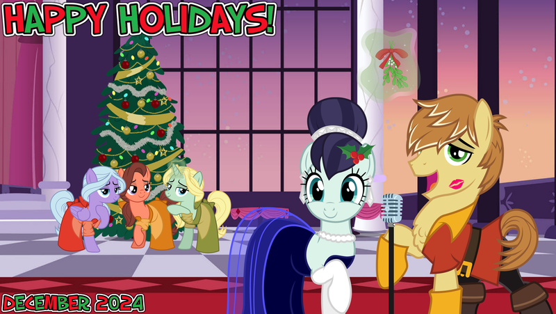 Size: 2064x1164 | Tagged: safe, anonymous artist, artist:cloudy glow, derpibooru import, coloratura, dear darling, feather bangs, fond feather, swoon song, earth pony, pegasus, pony, unicorn, g4, 2024, all i want for christmas is you, ballroom, bimbettes, canterlot, christmas, clothes, colorabangs, december, dress, duet, duo, female, flower, flower in hair, friends, friendship, happy holidays, hearth's warming, holiday, holly, horn, image, kiss mark, levitation, lipstick, lyrics in the description, magic, magic aura, male, mare, microphone, mistletoe, png, shipper on deck, shipping, singing, smiling, song in the description, song reference, stallion, straight, telekinesis, trio, winter, youtube link in the description