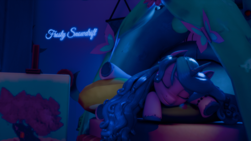 Size: 1920x1080 | Tagged: safe, artist:frostysnowdrift, derpibooru import, izzy moonbow, pony, unicorn, g5, 3d, blender, crystal brighthouse, female, hammock, horn, image, indoors, izzy moonbow's bedroom, lying down, mare, painting, png, prone, sleeping, solo, sploot